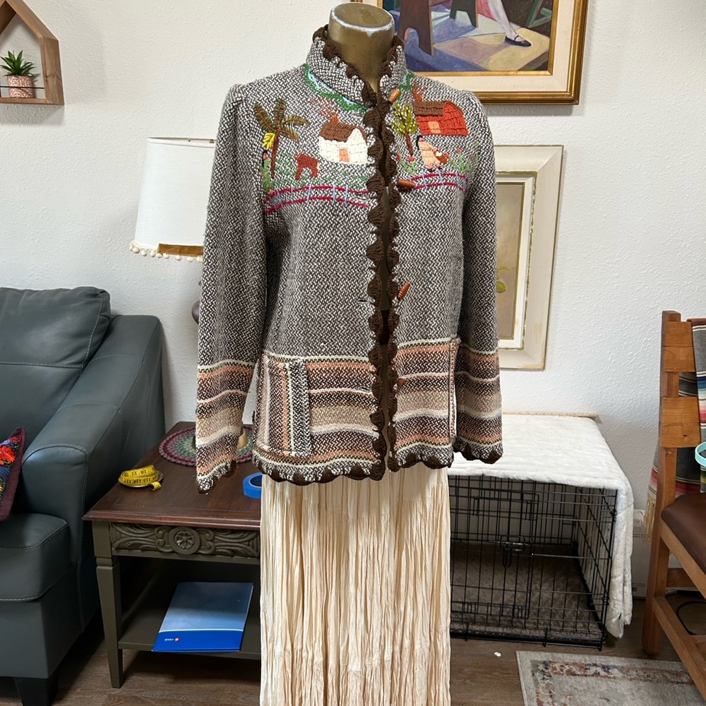 VTG Folk Art Embroidered Woven Wool Blazer Jacket By Frog a la Peche Designer - Picture 15 of 16